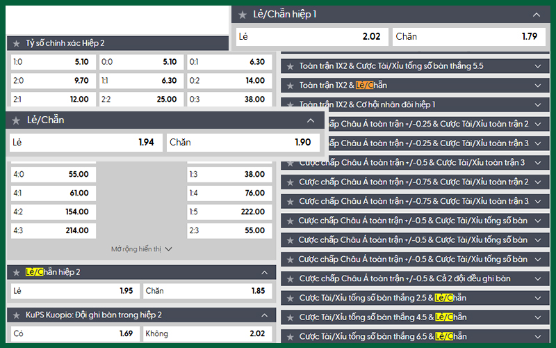 Cược Odd Even hiệp 1 hiệp 2 và biến thể thời gian